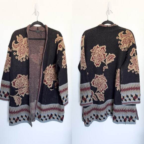 Vertigo Open Knit Cardigan Floral Intarsia XL Black Boho - Picture 1 of 6